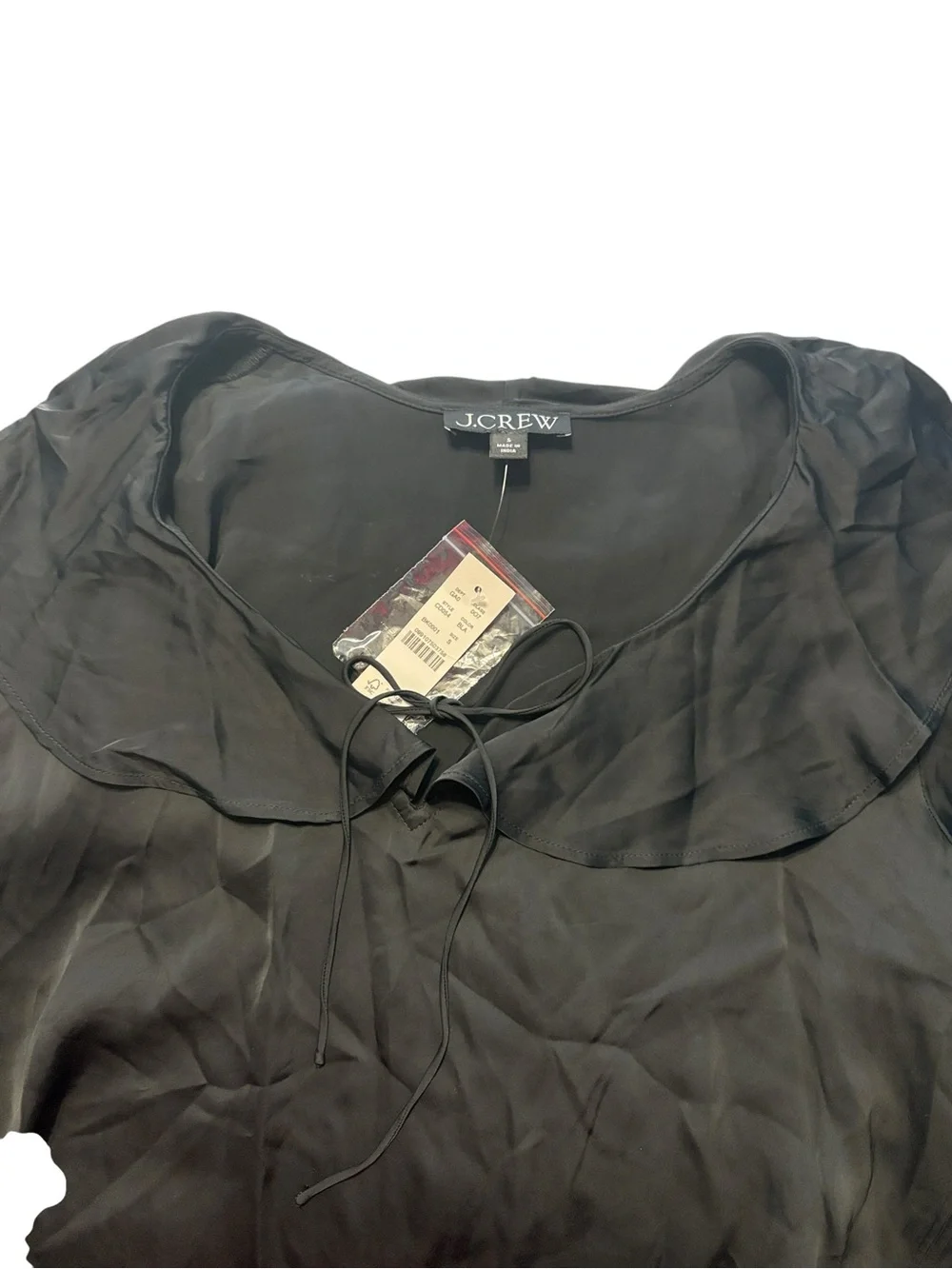 J. Crew Goldie Top in Satin Size Small Black Victorian Inspired Ruffles Tie Neck